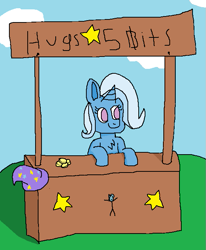 Size: 551x668 | Tagged: safe, artist:xppp1n, trixie, pony, unicorn, bits, chest fluff, female, hat, horn, mare, sign, smiling, solo, stand, text, trixie's hat