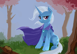 Size: 3508x2480 | Tagged: safe, alternate version, artist:anonymous, edit, editor:edits of hate, twibooru import, trixie, pony, unicorn, billowing cape, confident, female, image, lidded eyes, looking at you, mare, outdoors, png, redraw, sitting, wind, windswept clothes, windswept mane