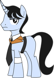 Size: 698x1000 | Tagged: safe, artist:adan druego, ponybooru exclusive, pony, unicorn, ponybooru collab 2021, ponybooru collab 2023, adult, belt, belt buckle, blank flank, brown eyes, collar, curved horn, frown, male, simple background, stallion, tie, transparent background