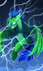 Size: 2559x4150 | Tagged: safe, artist:pridark, oc, oc:pixel thunder, pegasus, pony, absurd resolution, blue mane, cloud, commission, cutie mark, glowing eyes, male, sky, solo