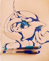 Size: 1080x1350 | Tagged: safe, artist:tessa_key_, derpibooru import, princess luna, alicorn, pony, bust, curved horn, eyelashes, female, graph paper, horn, lineart, mare, open mouth, solo, traditional art