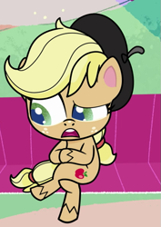 Size: 435x616 | Tagged: safe, derpibooru import, screencap, applejack, how applejack got her hat back, my little pony: pony life, beret, cropped, hat, solo