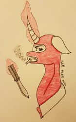 Size: 1994x3191 | Tagged: safe, artist:agdapl, derpibooru import, pony, unicorn, cigarette, clothes, crossover, glowing horn, horn, knife, magic, male, mask, ponified, signature, smoking, solo, spy, stallion, team fortress 2, telekinesis, traditional art