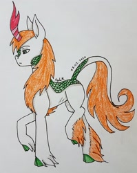 Size: 2343x2949 | Tagged: safe, artist:agdapl, derpibooru import, oc, oc only, kirin, cloven hooves, hoof fluff, horn, kirin oc, leonine tail, raised hoof, raised leg, signature, traditional art