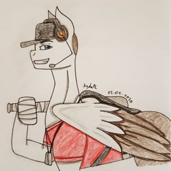 Size: 2857x2857 | Tagged: safe, artist:agdapl, derpibooru import, pegasus, pony, baseball bat, bust, clothes, crossover, dog tags, grin, headset, hoof hold, male, ponified, scout, signature, smiling, solo, stallion, team fortress 2, traditional art, two toned wings, wings