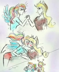 Size: 534x650 | Tagged: safe, artist:valeriamagicart, derpibooru import, applejack, rainbow dash, human, appledash, arm wrestling, blushing, female, heart, humanized, kissing, lesbian, shipping, surprise kiss, sweat, winged humanization, wings