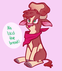 Size: 873x1000 | Tagged: safe, artist:equinoxette, derpibooru import, arizona cow, cow, them's fightin' herds, :p, arizonadorable, bread, bread head, community related, cute, ears, female, floppy ears, food, misspelling, pink background, simple background, sitting, solo, tongue, tongue out