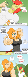 Size: 1914x5267 | Tagged: safe, artist:matchstickman, derpibooru import, bright mac, pear butter, anthro, earth pony, abs, armpits, biceps, breasts, brightbutter, busty pear butter, clothes, comic, dazed, deltoids, dialogue, duo, ear twitch, female, flexing, male, mare, matchstickman's pear buffer series, muscles, pear buffer, pecs, raised arm, shipping, shirt, speech bubble, stallion, straight