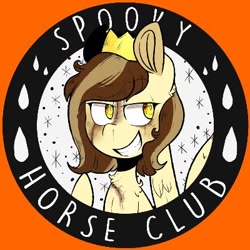 Size: 400x400 | Tagged: safe, derpibooru import, oc, oc:prince whateverer, pegasus, chest fluff, crown, devious smile, jewelry, logo, male, pegasus oc, regalia, sparkles, spooky horse club, spread wings, text, water drops, wings