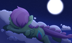 Size: 1515x913 | Tagged: safe, artist:orangemoonarts, derpibooru import, oc, oc only, oc:rainbolt, base used, cloud, full moon, hair over eyes, interspecies offspring, lying down, lying on a cloud, moon, offspring, on a cloud, parent:scootaloo, parent:spike, parents:scootaspike, solo