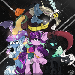 Size: 3000x3000 | Tagged: safe, artist:jxst-starly, derpibooru import, discord, starlight glimmer, thorax, trixie, changeling, draconequus, pony, unicorn, to where and back again, backpack, clothes, ear fluff, ears, female, high res, magic, male, mare, playing card, reformed four, scarf, telekinesis