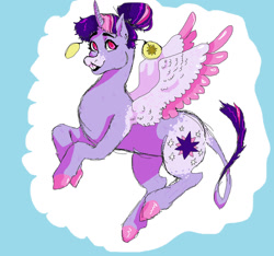 Size: 1280x1196 | Tagged: safe, artist:horsievents, derpibooru import, twilight sparkle, twilight sparkle (alicorn), alicorn, pony, alternate hairstyle, colored wings, ear piercing, earring, hair bun, jewelry, leonine tail, multicolored wings, piercing, redesign, solo, wings