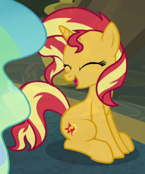 Size: 482x579 | Tagged: safe, derpibooru import, screencap, princess celestia, sunset shimmer, pony, unicorn, equestria girls, equestria girls series, forgotten friendship, cropped, cute, cutie mark, eyes closed, female, horn, mare, offscreen character, open mouth, shimmerbetes, sitting, smiling, three quarter view