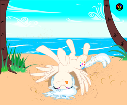 Size: 5090x4210 | Tagged: safe, artist:kyoshyu, derpibooru import, oc, oc only, oc:gallery dart, pegasus, pony, absurd resolution, beach, female, horses doing horse things, mare, palm tree, rolling, sand, solo, tongue, tongue out, tree, vector