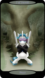 Size: 1500x2591 | Tagged: safe, artist:sixes&sevens, derpibooru import, part of a set, fancypants, unicorn, blindfold, crossed hooves, dirt road, facial hair, forest, male, minor arcana, moustache, sitting, solo, sword, tarot card, two of swords, weapon