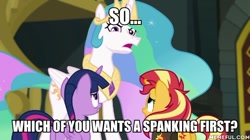 Size: 600x337 | Tagged: safe, derpibooru import, edit, edited screencap, screencap, princess celestia, sunset shimmer, twilight sparkle, twilight sparkle (alicorn), alicorn, pony, unicorn, better together, equestria girls, forgotten friendship, caption, female, image macro, mare, memeful.com, text