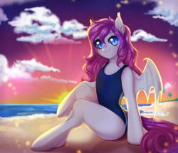 Size: 2380x2050 | Tagged: safe, artist:kawipie, derpibooru import, oc, oc:candy bat, oc:luscious desire, bat pony, pony, semi-anthro, beach, blue swimsuit, clothes, cute, cute little fangs, fangs, female, happy, looking at you, mare, missing cutie mark, ocbetes, one-piece swimsuit, sand, sitting, slit eyes, smiling, solo, spread wings, sunset, swimsuit, wings