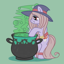 Size: 2000x2000 | Tagged: safe, artist:mediocremare, derpibooru import, pony, cauldron, green background, hat, little witch academia, ponified, simple background, solo, sucy manbavaran, witch hat