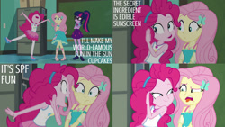 Size: 1280x720 | Tagged: safe, derpibooru import, edit, edited screencap, editor:quoterific, screencap, fluttershy, pinkie pie, sci-twi, twilight sparkle, better together, equestria girls, forgotten friendship, bowtie, chalkboard, clothes, crossed arms, cutie mark, cutie mark on clothes, female, geode of fauna, geode of sugar bombs, geode of telekinesis, glasses, hairpin, jewelry, magical geodes, necklace, nose in the air, open mouth, ponytail, sandals, shoes, tanktop, tongue, tongue out