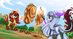 Size: 2600x1400 | Tagged: safe, artist:redahfuhrerking, derpibooru import, oc, oc only, oc:mystic fire, oc:silver scorch, kirin, apprentice, field, magic, peaks of peril, rock, spell card, staff, training, tree