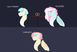 Size: 1280x854 | Tagged: safe, artist:itstechtock, derpibooru import, coco pommel, kerfuffle, oc, oc:luminaire, pegasus, pony, family tree, headcanon, magical lesbian spawn, offspring, parent:coco pommel, parent:kerfuffle