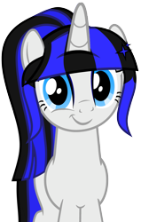 Size: 2239x3528 | Tagged: safe, artist:severity-gray, derpibooru import, oc, oc:coldlight bluestar, pony, unicorn, base used, cute, eyeshadow, female, horn, looking at you, makeup, mare, ponytail, smiling, smiling at you, solo, tail