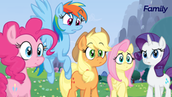Size: 1920x1080 | Tagged: safe, artist:dragnmastralex, derpibooru import, screencap, applejack, fluttershy, pinkie pie, rainbow dash, rarity, earth pony, pegasus, pony, unicorn, discovery family logo, eyebrows visible through hair, female, flying, frown, looking at something, mare, one hoof raised, raised eyebrow, wings