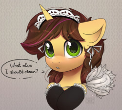 Size: 1280x1147 | Tagged: safe, artist:reterica, derpibooru import, oc, oc only, pony, unicorn, clothes, crossdressing, duster, horn, looking at you, maid, solo, talking to viewer