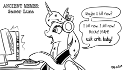 Size: 1200x675 | Tagged: safe, artist:pony-berserker, derpibooru import, princess luna, alicorn, pony-berserker's twitter sketches, computer, crown, female, gamer luna, happy, headset, jewelry, keyboard, mare, regalia, sketch, yelling