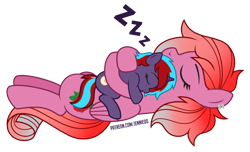 Size: 1200x731 | Tagged: safe, artist:jennieoo, derpibooru import, oc, oc only, oc:charming dazz, oc:rosebud, pegasus, pony, unicorn, colt, foal, hug, male, simple background, sleeping, transparent background