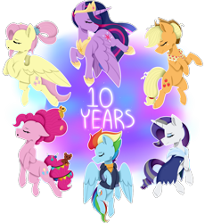 Size: 1875x2038 | Tagged: safe, artist:king-justin, derpibooru import, applejack, fluttershy, pinkie pie, princess twilight 2.0, rainbow dash, rarity, twilight sparkle, twilight sparkle (alicorn), alicorn, pegasus, pony, unicorn, the last problem, alternate hairstyle, crown, cutie mark, eyes closed, happy birthday mlp:fim, hoof shoes, jewelry, mane six, mlp fim's tenth anniversary, older, older applejack, older fluttershy, older mane six, older pinkie pie, older rainbow dash, older rarity, older twilight, peytral, regalia, simple background, transparent background