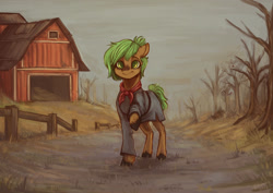 Size: 1280x905 | Tagged: safe, artist:wonderblue, derpibooru import, oc, oc only, earth pony, pony, fallout equestria, barn, clothes, commission, dead tree, farm, raised hoof, raised leg, scarf, solo, tree