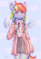 Size: 1722x2467 | Tagged: safe, artist:zefirka, derpibooru import, rainbow dash, pegasus, pony, semi-anthro, alternate hairstyle, blushing, clothes, cute, dashabetes, female, floating wings, jacket, mare, skirt, white outline