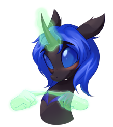Size: 1096x1232 | Tagged: safe, artist:littmosa, derpibooru import, oc, oc only, oc:swift dawn, changeling, blue changeling, blushing, changeling oc, commission, eyebrows visible through hair, fangs, hand, horn, looking at you, magic, magic hands, male, shy, simple background, smiling, solo, stallion, transparent background, ych result