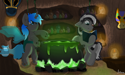 Size: 2000x1200 | Tagged: safe, artist:julie25609, derpibooru import, oc, oc:dusk, oc:dusk avenheart, oc:kryostasis, bat pony, changeling, pony, book, bottle, campfire, candle, changeling oc, cooking pot, fire, masks, mysterious, potions, reading, shelf, standing, vase, voodoo, wood