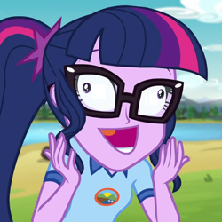 Size: 720x720 | Tagged: safe, derpibooru import, edit, edited screencap, screencap, sci-twi, twilight sparkle, equestria girls, legend of everfree, camp everfree outfits, cropped, derp, exploitable meme, faic, female, glasses, i didn't listen, image macro, meme, open mouth, reaction image, solo