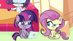 Size: 1920x1080 | Tagged: safe, derpibooru import, screencap, fluttershy, rarity, twilight sparkle, alicorn, pegasus, pony, unicorn, magical mare-story tour, my little pony: pony life, spoiler:pony life s02e13, computer, laptop computer