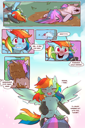 Size: 960x1440 | Tagged: safe, artist:cold-blooded-twilight, derpibooru import, rainbow dash, twilight sparkle, unicorn twilight, pegasus, pony, unicorn, comic:cold storm, blushing, chest fluff, clothes, cloud, cold blooded twilight, comic, dialogue, eyes closed, female, laughing, leggings, lesbian, looking at each other, mud, mud mask, pain, pfft, rainbow trail, reaching out, shipping, smiling, socks, speech bubble, spread wings, stockings, thigh highs, twidash, wings