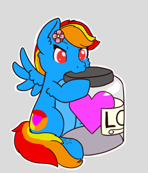 Size: 2145x2505 | Tagged: safe, artist:backgroundpony#f352, derpibooru import, oc, oc only, oc:sunamena, pegasus, commission, cute, flower, flower in hair, gray background, heart, jar, love, simple background, wings, ych result