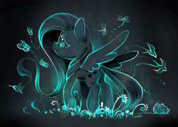 Size: 2315x1651 | Tagged: safe, artist:dawnfire, fluttershy, bird, butterfly, dragonfly, frog, hummingbird, pegasus, pony, commission, female, gradient background, mare, monochrome, smiling, solo, spread wings, underhoof, wings
