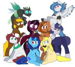 Size: 2520x2248 | Tagged: safe, artist:2k.bugbytes, gabby, oc, oc only, oc:acres, oc:annabelle (zizzydizzymc), oc:cotton coax, oc:delta dart, oc:heart drive, oc:sapphire soulfire, oc:sign, oc:violet evergard, oc:yvette (evan555alpha), changeling, earth pony, hippogriff, hybrid, pony, undead, unicorn, vampire, vampony, bipedal, bipedal leaning, blonde, blonde mane, blonde tail, blue eyes, business suit, clothed ponies, clothes, coat markings, commission, ear piercing, female, floppy disk, flying, glasses, green eyes, group, leaning, looking at you, male, missing cutie mark, mouth hold, open mouth, piercing, plushie, ponybooru mascot, red eyes, scarf, simple background, sitting, smiling, socks, socks (coat marking), standing, tail, tongue, tongue out, transparent background, umbrella