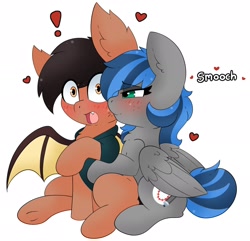 Size: 2666x2571 | Tagged: safe, artist:pegamutt, oc, oc only, oc:bibbo, oc:lonestar, bat pony, pegasus, pony, :o, bat pony oc, blushing, chest fluff, commission, duo, exclamation point, fangs, female, floating heart, freckles, heart, kiss on the cheek, kissing, lidded eyes, male, mare, open mouth, simple background, sitting, smiling, smooch, stallion, underhoof, white background