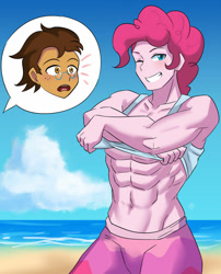 Size: 900x1116 | Tagged: safe, artist:tzc, bubble berry, pinkie pie, oc, oc:copper plume, equestria girls, abdomen, abs, beach, blushing, canon x oc, clothes, commission, commissioner:imperfectxiii, gay, glasses, happy, male, muscles, romantic, rule 63