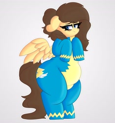 Size: 3830x4096 | Tagged: safe, artist:retro_hearts, oc, oc only, oc:retro hearts, pegasus, pony, bipedal, chubby, clothes, ears, female, floppy ears, freckles, lidded eyes, mare, plump, redraw, smiling, solo, spread wings, uniform, wings, wonderbolts uniform