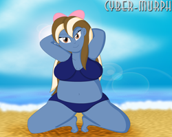 Size: 2671x2127 | Tagged: safe, artist:cyber-murph, derpibooru import, oc, oc:sundae shake, equestria girls, belly, belly button, bikini, breasts, chubby, clothes, commission, looking at you, midriff, ocean, signature, swimsuit, thick