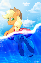 Size: 1452x2222 | Tagged: safe, artist:wicked-red-art, derpibooru import, applejack, earth pony, pony, applejack's hat, clothes, cloud, commission, cowboy hat, female, floaty, grin, hat, mare, ocean, sky, smiling, solo, water, ych result