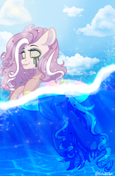 Size: 1452x2222 | Tagged: safe, artist:wicked-red-art, derpibooru import, oc, oc only, oc:molly pop, earth pony, pony, cloud, coat markings, commission, drugs, female, floaty, grin, makeup, mare, ocean, pills, running makeup, sky, smiling, solo, water, ych result