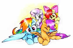 Size: 3709x2460 | Tagged: safe, artist:liaaqila, derpibooru import, apple bloom, rainbow dash, scootaloo, sweetie belle, earth pony, pegasus, pony, unicorn, apple bloom's bow, bow, commission, cute, cutealoo, cutie mark crusaders, dashabetes, eyes closed, female, filly, grooming, hair bow, liaaqila is trying to murder us, liaaqila is trying to murder us with dashabetes, lying down, mare, nom, preening, prone, scootalove, simple background, traditional art, white background