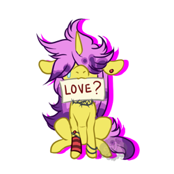 Size: 800x800 | Tagged: safe, artist:lavvythejackalope, derpibooru import, oc, oc only, pony, unicorn, bracelet, crying, ear piercing, hair over eyes, horn, jewelry, mouth hold, piercing, sign, simple background, thorns, unicorn oc, white background