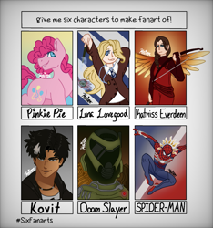 Size: 1135x1211 | Tagged: safe, derpibooru import, pinkie pie, earth pony, human, pony, bow (weapon), clothes, crossover, doom, doom slayer, female, harry potter, helmet, looking back, luna lovegood, mare, six fanarts, smiling, spider-man, wings